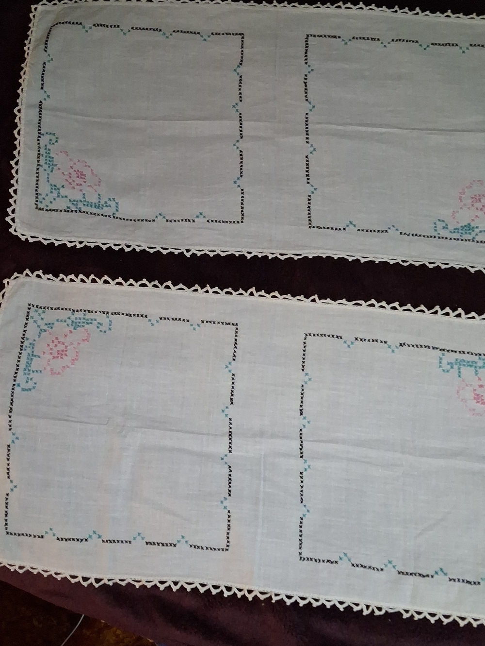 2 Embroidered White Linen with Pink Rose Motif. Vintage Handmade.